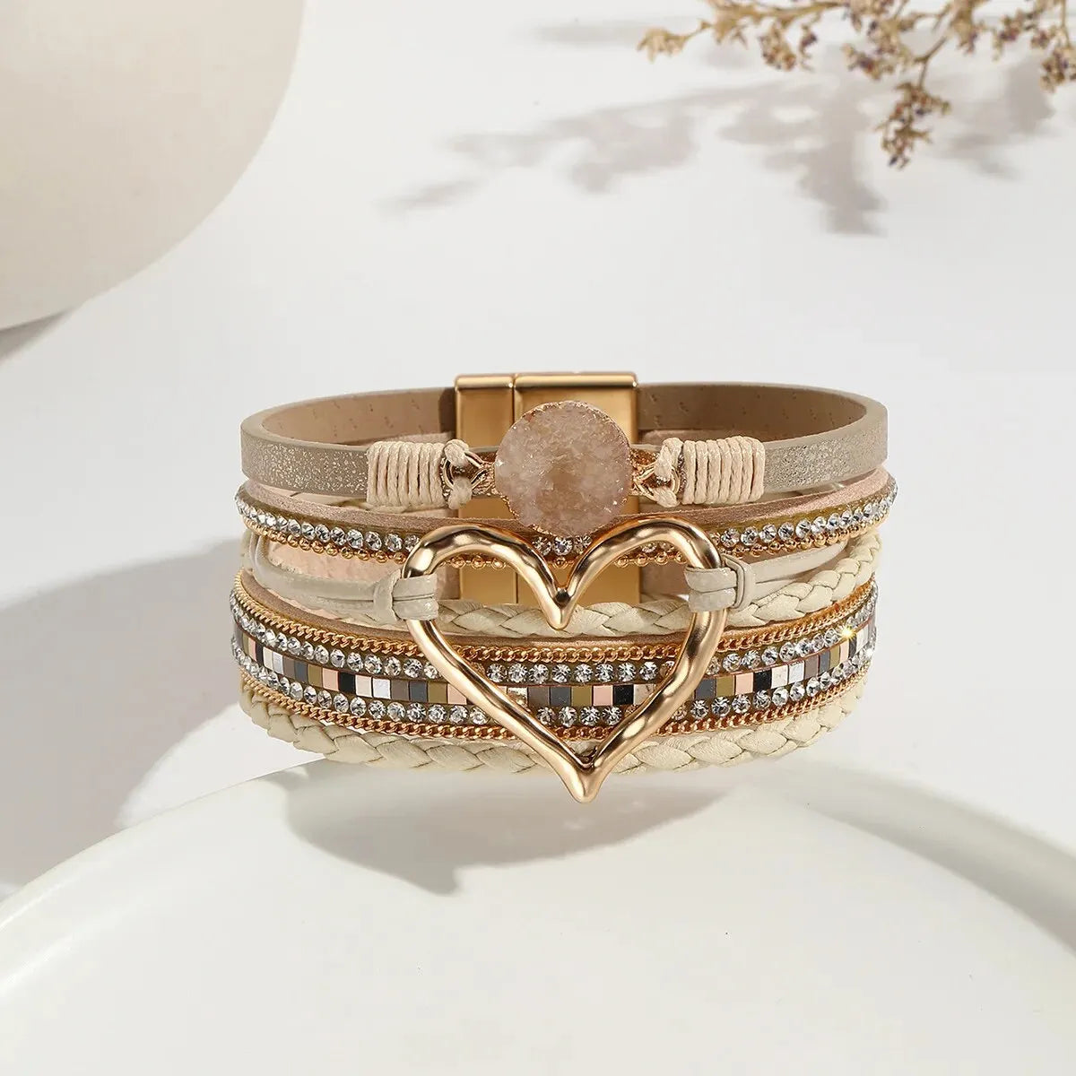luckacco new metal love heart charm leather bracelets for women fashion bohemian rhinestone resin wrap bracelet bangle couple jewelry