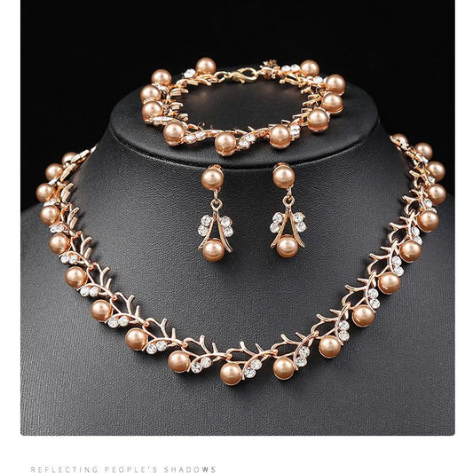 Luckacco Korean Pearl Necklace Earring Set Bridal Dress jewellery woman Accessories Fashion Small Fresh Alloy Three Piece  jewelry sets