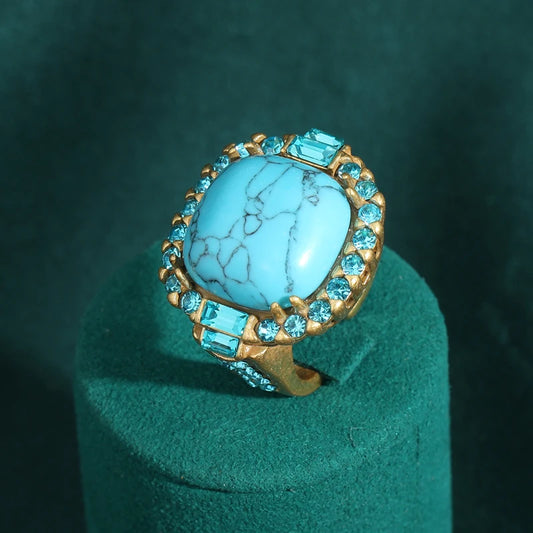 Luckacco Vintage Wedding Rings for Women Round Blue Natural Oval Green Crystal Horse Eye Shape Glass Retro Pattern Gold Color Jewelry