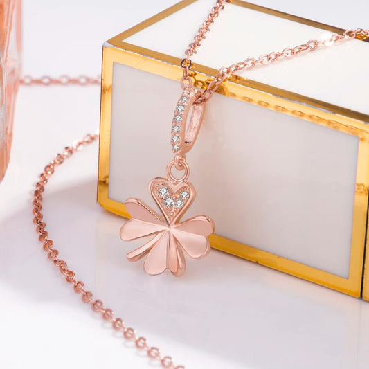 Luckacco Vintage Elegant Flower & Four-leaf Clover Pendant Necklace for Women Shiny Zircon 925 Sterling Silver Clavicle Chain Jewelry