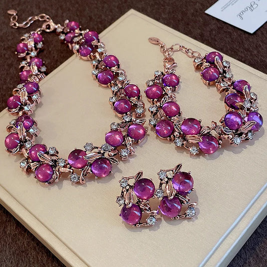 Luckacco 1/3 Pcs Vintage Purple Red Rhinestone Necklace Earrings Bracelet Set Leaf Flower Metal Necklace for Women Exquisite Jewelry Sets