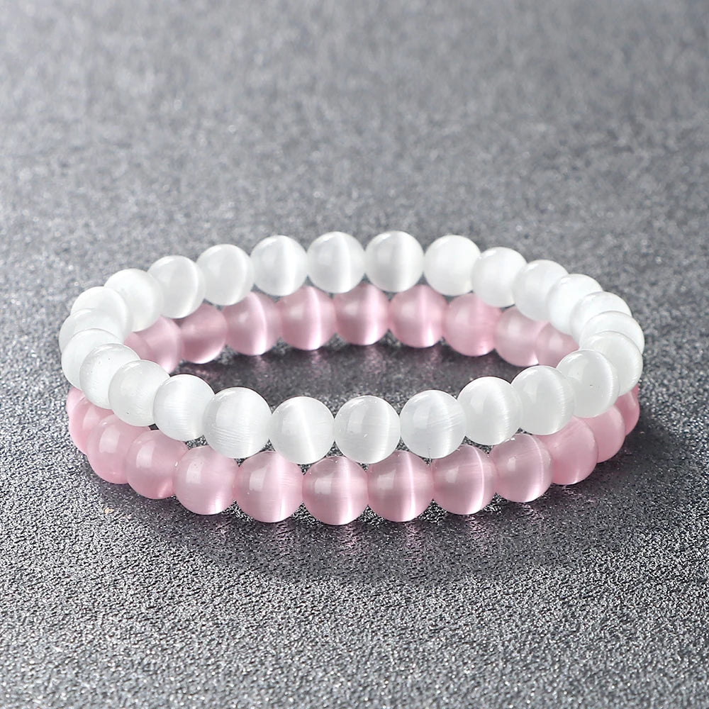 luckacco natural cat eye stone bracelet & bangle for women brief white pink opal beads yoga balance jewelry lucky wristband handmade gift