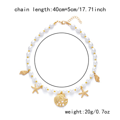 Luckacco Trendy Boho Imitation Pearl Metal Necklace Pendant for Women Ocean Shell Starfish Conch Choker Necklace Beach Jewelry Gift