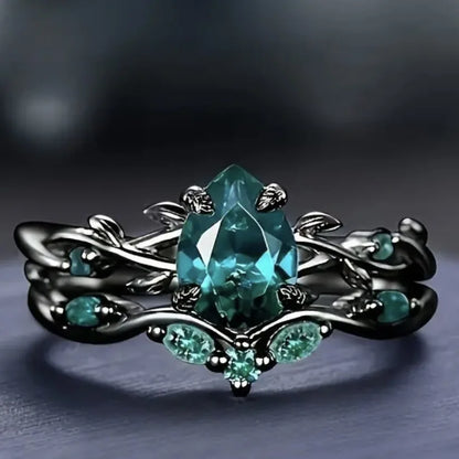 Luckacco Luxury Black Color Inlaid with Green Stone Rings Set Round Flower Fashion Party Engagement Wedding Rings for Women Jewelry
