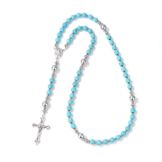 Luckacco Catholic Jesus Cross Bracelet Men Religious Prayer Rosary Bangle 50CM Natural African Turquoises Lava Gem Stone Bead Bracelet