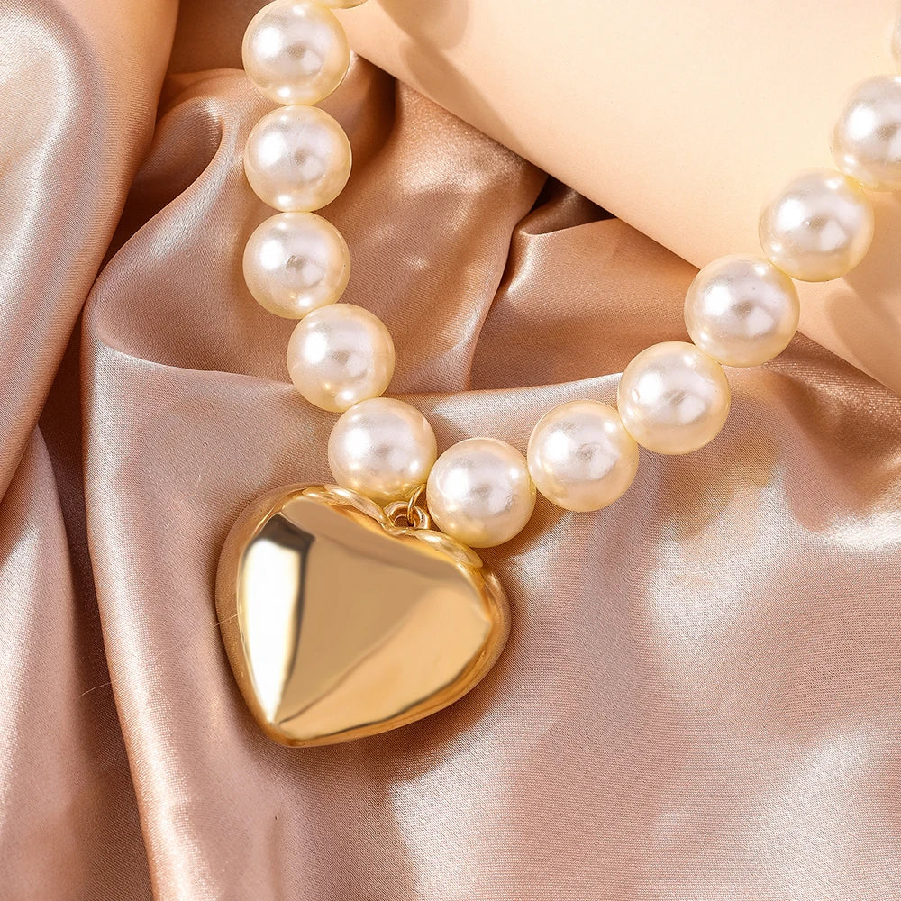 luckacco exaggerated imitation pearl beads necklace for women ccb big heart pendant choker necklace jewelry gift