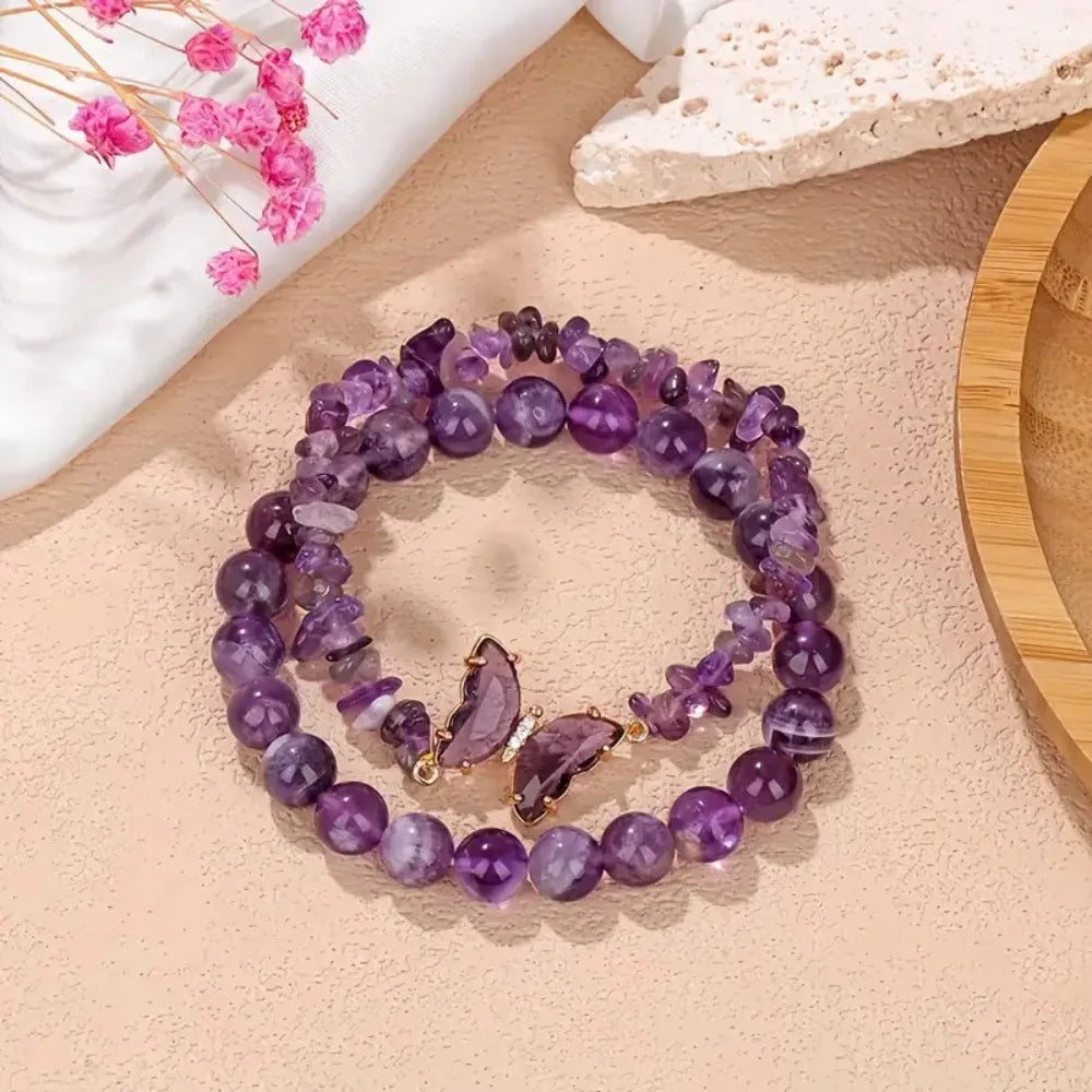 luckacco 2pc set romantic amethyst obsidian quartz beaded butterfly bracelet women stretch bangles positive energy daily commute