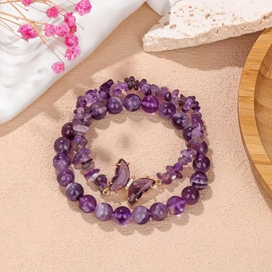 Luckacco 2pc Set Romantic Amethyst Obsidian Quartz Beaded Butterfly Bracelet Women Stretch Bangles Positive Energy Daily Commute