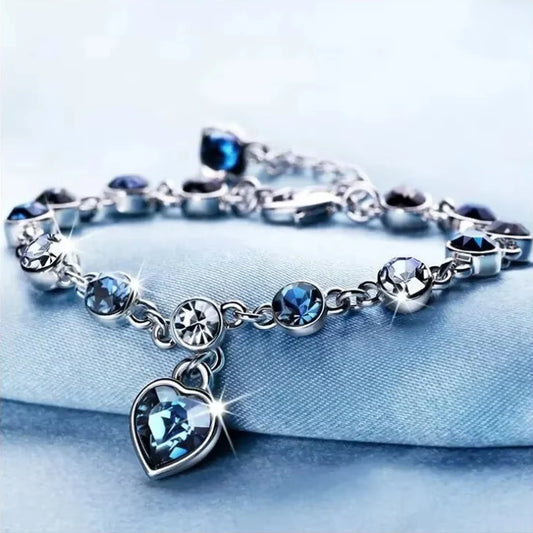 Luckacco Women Silver Color Lucky Bracelet Female Blue Crystal Heart Charm Pulseras Bracelet Bridal Wedding Engagement Fine Jewelry Gift