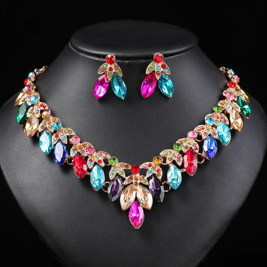 Luckacco Gorgeous Colorful Crystal Rhinestone Lucky Necklace Earring Set Wedding Party Costume Jewellery NewStyle Trendy design Girl Gift