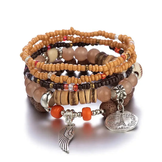 Luckacco Boho Tree Of Life Bracelet Set For Women Fashion Tassels Charm Wooden Beads Elastic Chain Bangle Girl Trendy Party Jewelry