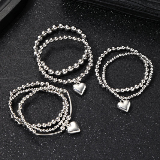 Luckacco 7Pcs/Set Chic Heart Charm Beaded Bracelet Set For Women Vintage Simple Silver Color Exquisite Multi-Layer Bracelets Jewelry Gift