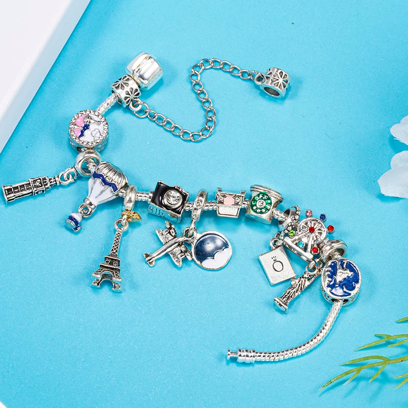 luckacco romantic tower aircraft charm bracelet for women with crystal diy beads pendants bracelet high-quality jewelry