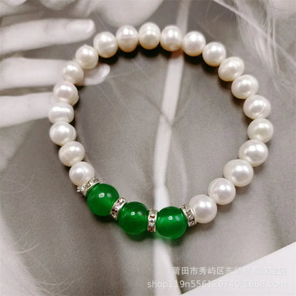 Luckacco 8-9mm Near Round White Natural Freshwater Pearl Necklace Red/Green Waterdrop Chalcedony Bracelet Earrings for Mother Jewelry Set