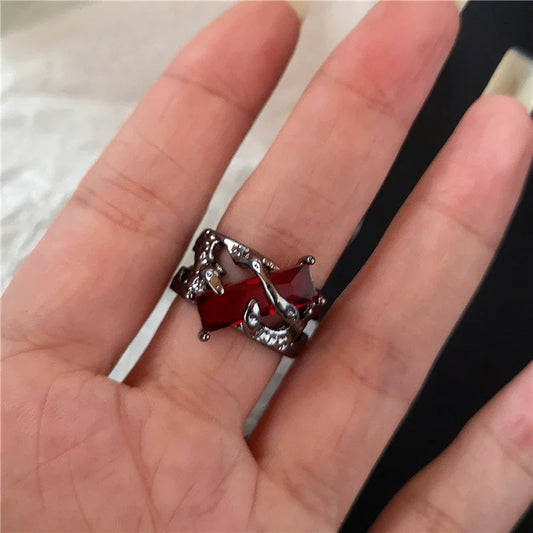 Luckacco Goth Punk Retro Red Crystal Love Heart Cross Geometry Irregular Open Ring Set Y2K Halloween Accessories For Women Kpop Jewelry