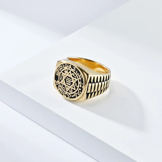 Luckacco Seal Solomon Six-Pointed Star 12 Constellation Mens Womens Stainless Steel Talisman Health Prosperity Ring