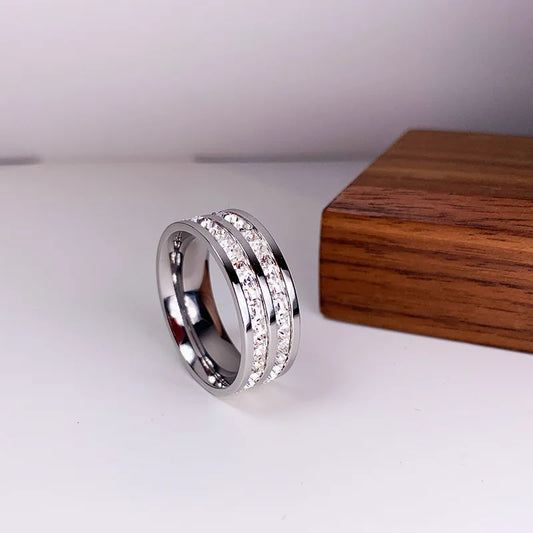 Luckacco Luxury Rose Gold Color Double Row Square Zircon Stainless Steel Ring For Women Romantic Engageme Wedding Party Jewelry Female