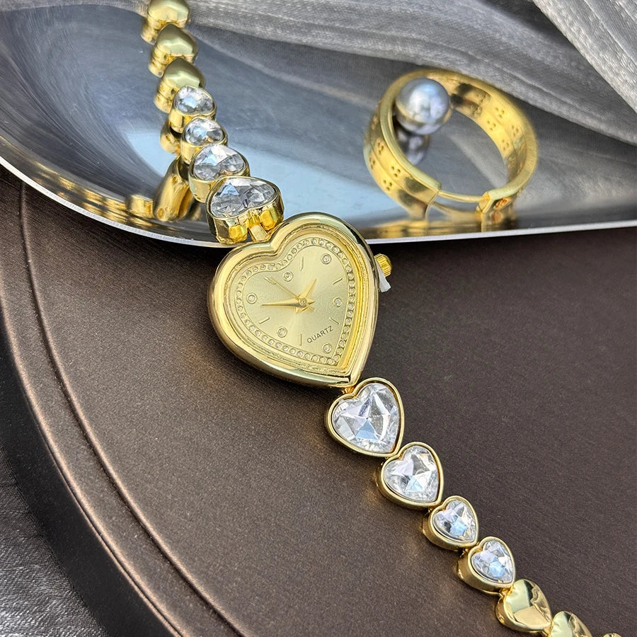 luckacco women's heart-alloy case sparkly cute heart-shaped glass rhinestone bracelet elegant stylish quartz watch