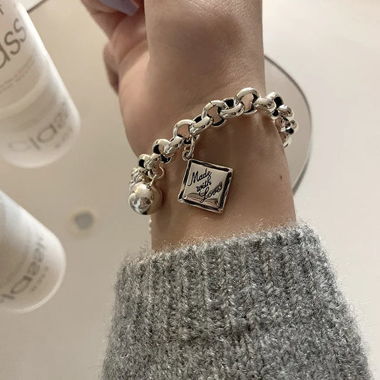 Luckacco New 925 Silver Geometric Bead Punk Peace of Mind Words Irregular String Bracelet For Woman Girl Fashion Jewelry Gift Dropship