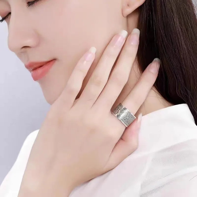 luckacco retro auspicious cloud xiangyun wide ring thimble good fortune adjustable ring handmade unisex designer jewelry accessories gift