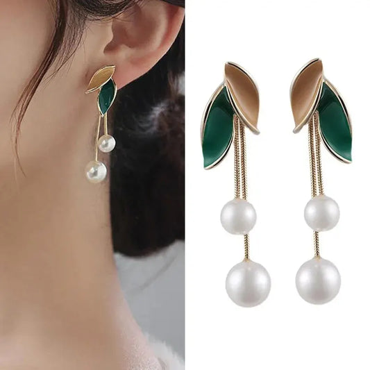 Luckacco Woman's Imitation Pearl Dangle Stud Earring Green Leaf Zinc Alloy Epoxy Earrings Gold Color Chain Vintage Daily Wear Jewelry