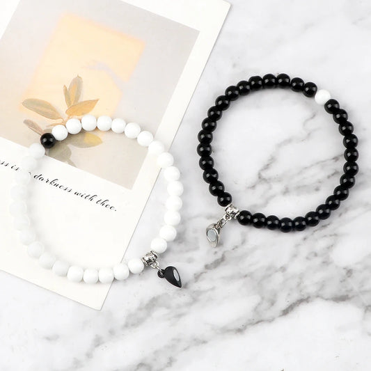 Luckacco 2Pcs/Set Sliver Black Color Magnet Pendant Bracelets 6MM 8MM White Porcelain Black Line Beads Couple Bracelet Jewelry Gift New