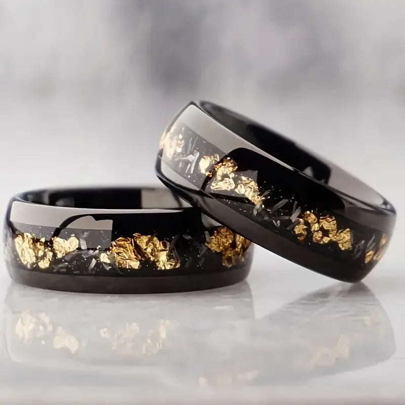 luckacco fashion 8mm men stainless steel rings inlay meteorite abalone shell rings for men women wedding engagement band jewelry gift