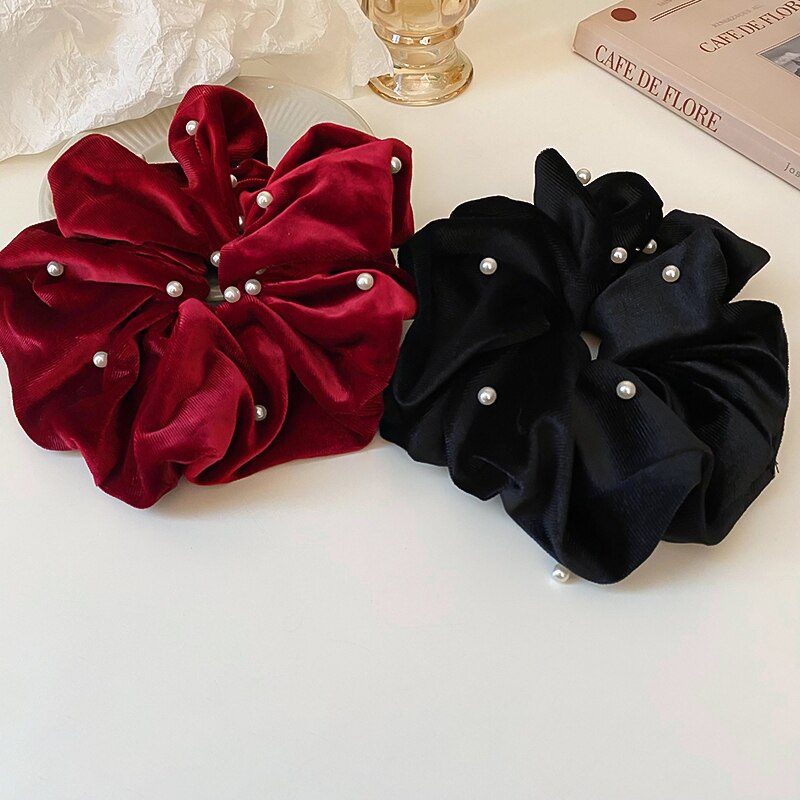 Oversized Velvet Hair Scrunchies for Women Pearls Solid Color Big Hair Ponytail Holder Rubber Bands Elastic Hair Ties Accessorie - luckacco
