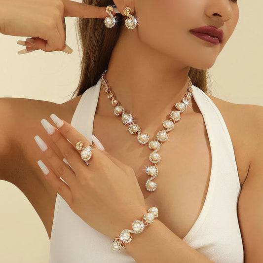 Luckacco 5 PCS Women's Metal Jewelry Set Pearl Necklace Earring Bracelet Set Holiday Party Jewelry Bridal Wedding Jewelry