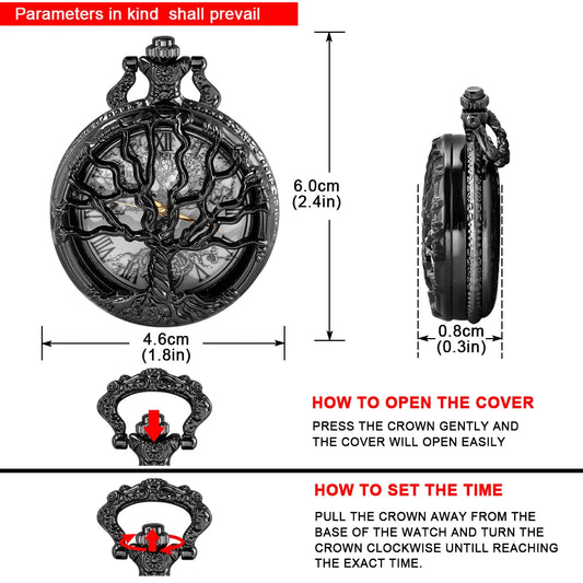 Luckacco Tree of Life Pattern Sketch Ink Painting Dial Pocket Watch All Black Vintage Necklace Chain Quartz fob Clock reloj