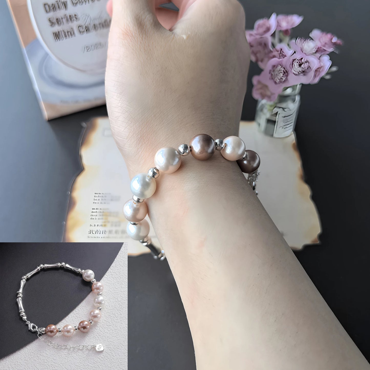 luckacco ventfille 925 sterling silver 6mm shell pearl glass bead star bracelet for women gift crushed silver jewelry