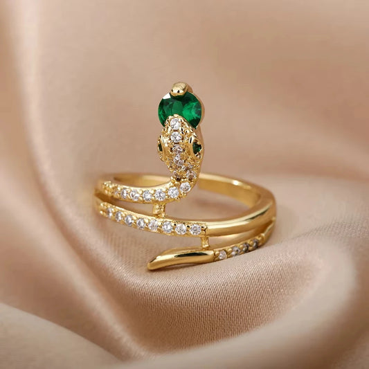 Luckacco Gold Plated Stainless Steel Green Zircon Snake Rings For Women Men Open Adjustable Finger Ring Vintage Gothic Aesthetic Jewelry
