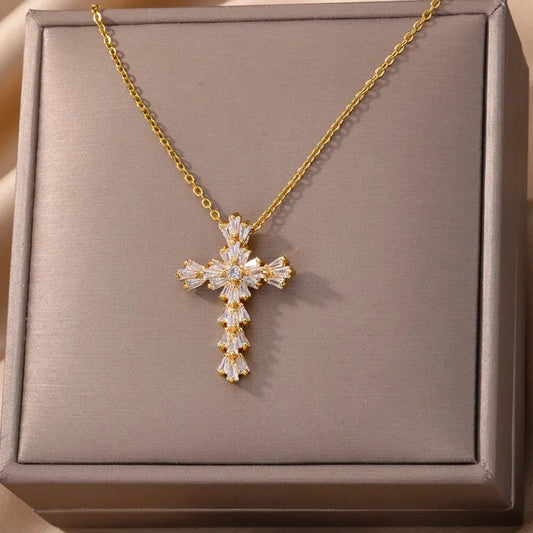 Luckacco Luxury Zirconia Cross Pendant Necklace for Women Zircon Crystal Stainless Steel Chain Charm New Trend Aesthetic Jewerly collares