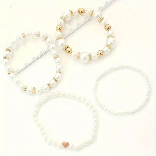 Luckacco New 4 Pcs/Set imitation Pearl Beaded Bracelets Set for Women Fashion Gold Color Heart Big Pearl Bracelet Trendy Jewelry Gifts
