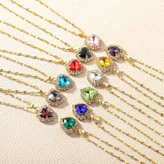Luckacco Stainless Steel Chain Classic Shiny Colorful Zircon Heart Pendant Necklace for Women Lady Vintage Jewelry Accessories Gifts