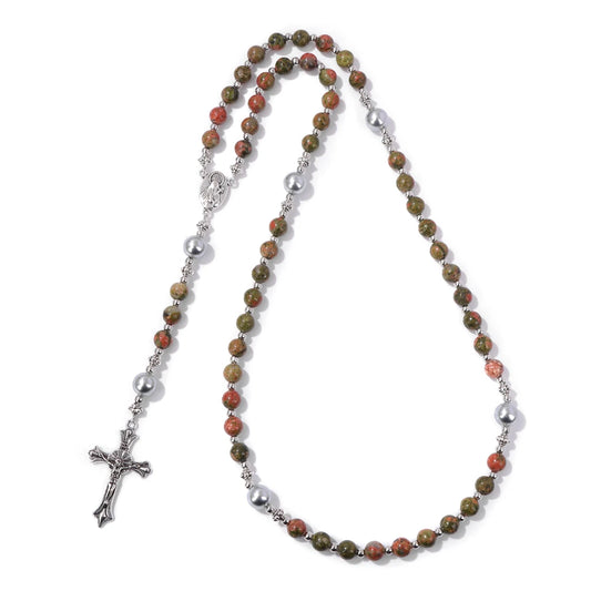 Luckacco Catholic Jesus Cross Bracelet Men Religious Prayer Rosary Bangle 50CM Natural African Turquoises Lava Gem Stone Bead Bracelet