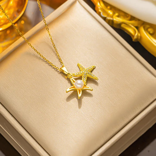 Luckacco picks French Shell Pearl Necklace For Women Gold Color Stainless Steel Zircon Love Heart Clavicle Chain Choker Wedding Jewelry