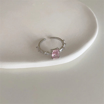 Luckacco Pink Crystal Irregular Heart Rings Creative Zircon Bowknot Opal Love Heart Open Ring Y2K Shiny Rings for Women Party Jewelry