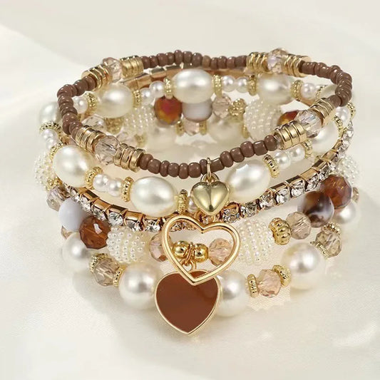 Luckacco 5pcs Heart Boho Beach Bracelet Set Pearl Crystal Beaded Multilayer Wrist Jewelry For Women Gift