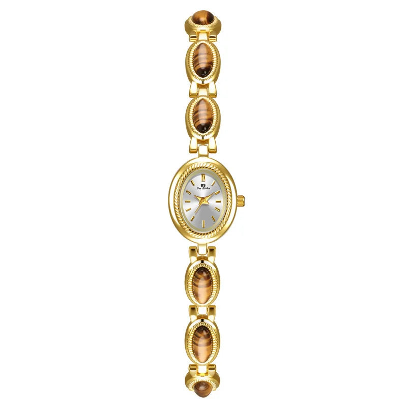 luckacco luxury women's quartz watch ladies waterproof retro natural jade stones chain fashion elegant watches gift for girl