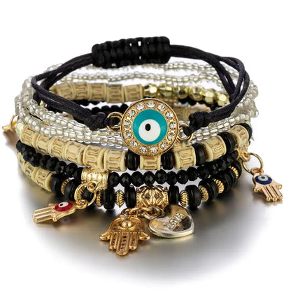 Luckacco 6Pcs/set Bohemian Evil Eye Bracelet Set For Women Fatima Hand Heart Charm Beaded Rope Chain Bangle Female Jewelry Gift