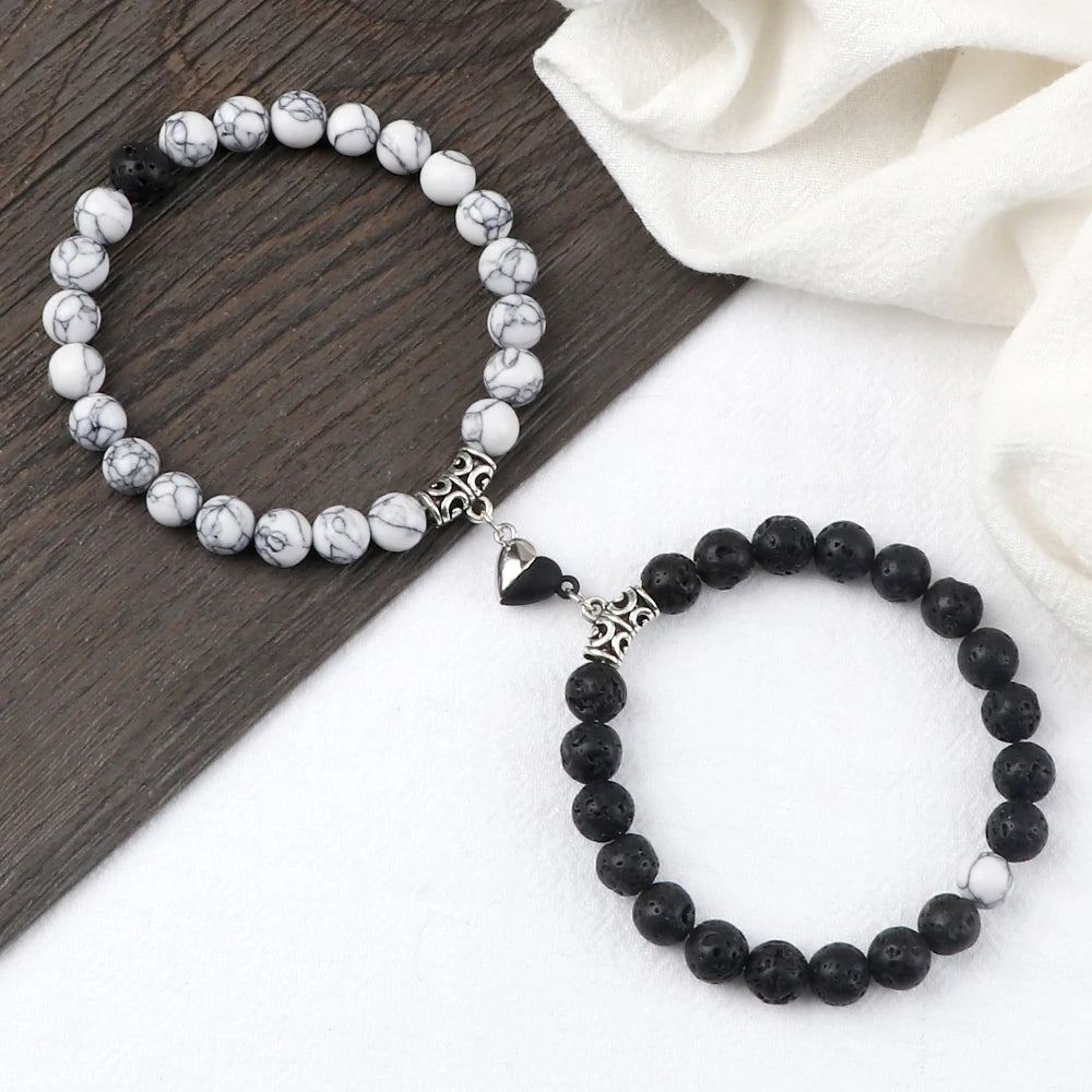 luckacco 2pcs/set sliver black color magnet pendant bracelets 6mm 8mm white porcelain black line beads couple bracelet jewelry gift new