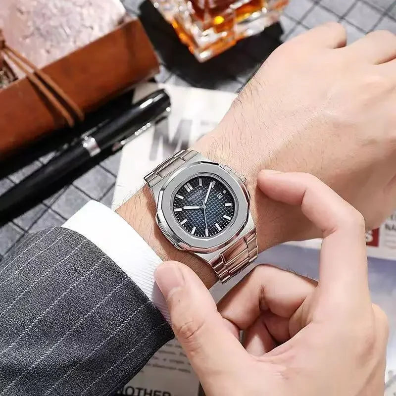 luckacco 2024 luxury fashion casual men watches big dial silver stainless steel calendar quartz wristwatch classic top brand male clock