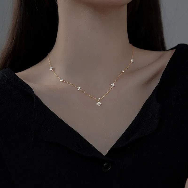 luckacco temperament trend four leaf zircon flower pendant necklaces for women exquisite stainless steel chokers jewelry anniversary gift