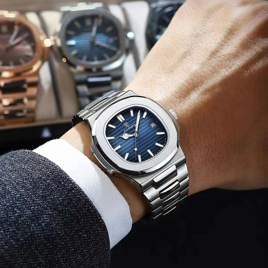 Luckacco POEDAGAR Luxury Casual Watch Top Brand Fashion Square Dial Stainless Steel Calendar Luminous Waterproof Men Watch Male Clock+Box