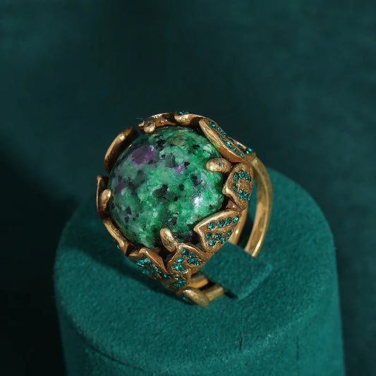 Luckacco Vintage Wedding Rings for Women Round Blue Natural Oval Green Crystal Horse Eye Shape Glass Retro Pattern Gold Color Jewelry