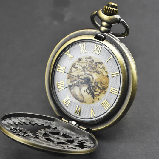 Luckacco Vintage Bronze Steampunk Copper Cutout Gear Quartz Pocket Watch Necklace Pendant Clock Chain Men Women Chain Gift