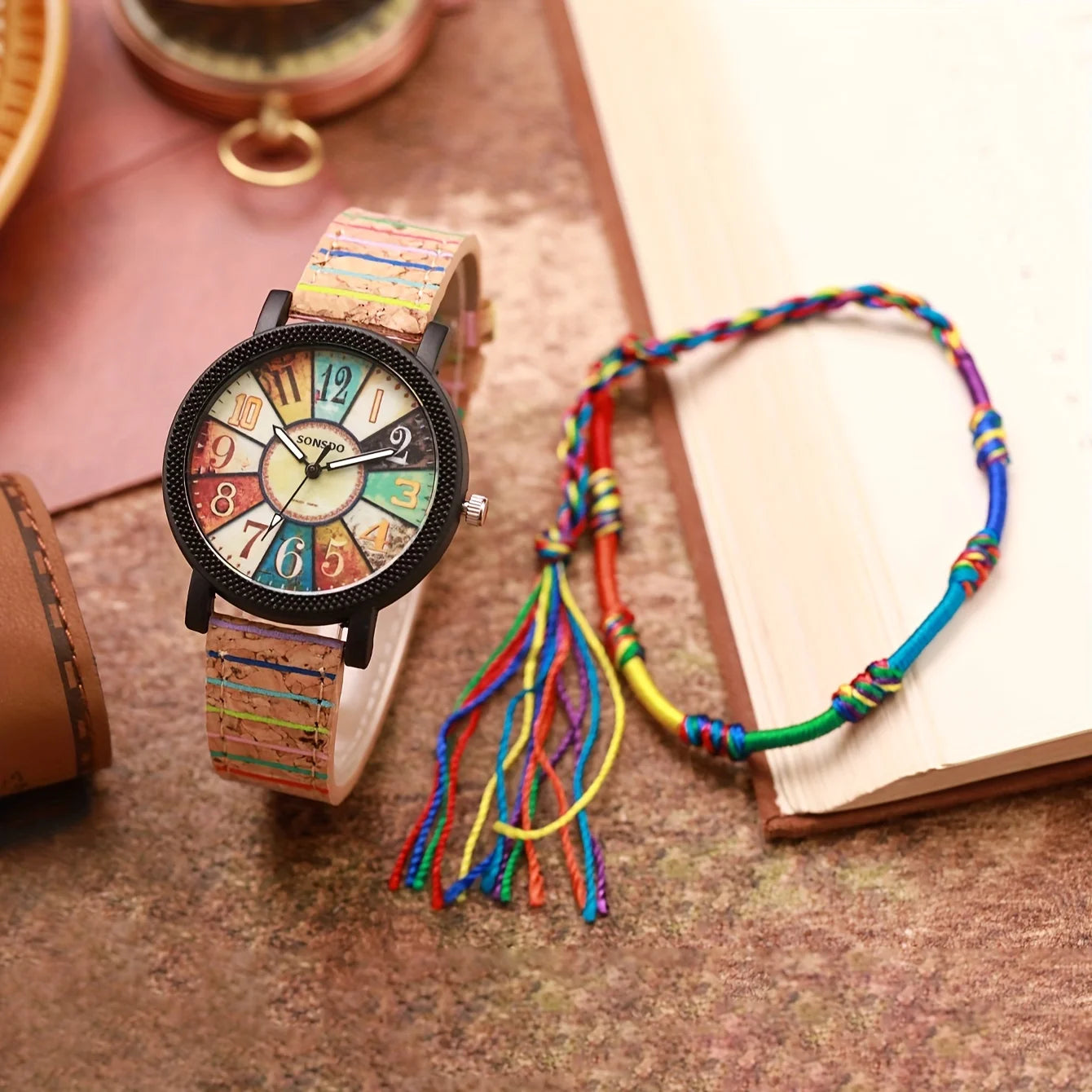 luckacco 2pcs/set women's watch vintage leather band analog quartz watch rope bracelet set