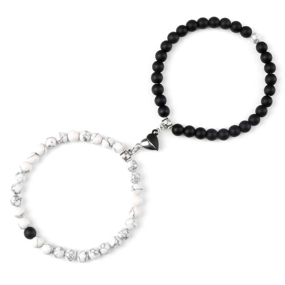 luckacco 2pcs/set sliver black color magnet pendant bracelets 6mm 8mm white porcelain black line beads couple bracelet jewelry gift new
