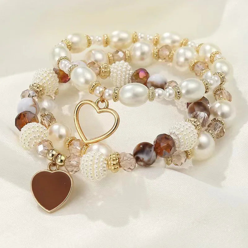 luckacco 5pcs heart boho beach bracelet set pearl crystal beaded multilayer wrist jewelry for women gift